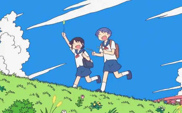 HD PC desktop wallpaper featuring two cheerful anime schoolgirls running on a grassy hill under a bright blue sky, inspired by City the Animation.