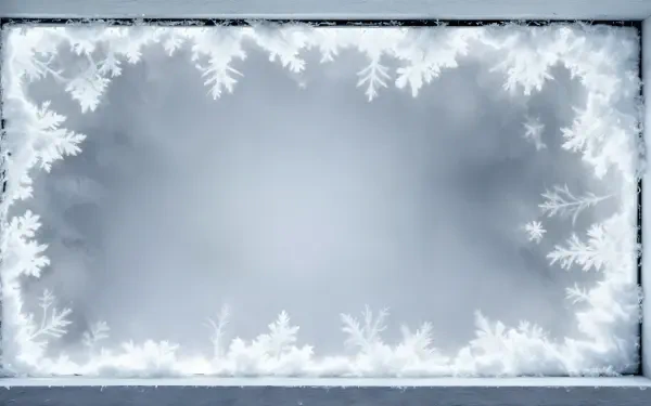 4K Ultra HD desktop wallpaper featuring a frosty window frame with intricate ice crystals and soft, blurred cold tones in the center.