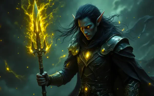 Dark anime fantasy warrior with glowing eyes and magical effects, wielding a fiery trident, embodying the Sword Master in this HD PC desktop wallpaper.