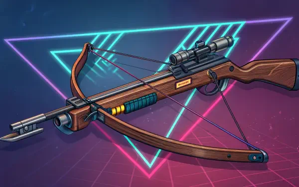A detailed 4K Ultra HD PC desktop wallpaper featuring a futuristic crossbow with wood and metal elements set against a neon geometric background.