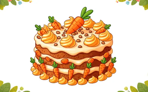 4K Ultra HD wallpaper featuring a detailed, colorful illustration of a layered carrot cake with cream frosting, piped decorations, and carrot toppings on a white background.