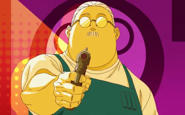 HD anime wallpaper featuring Taro Sakamoto from Sakamoto Days aiming a gun with a bold, colorful geometric background.