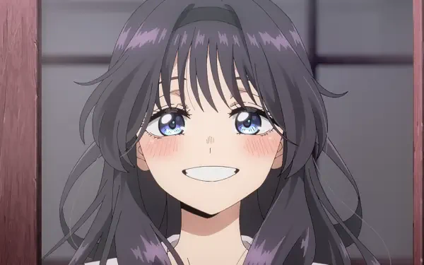 HD anime desktop wallpaper featuring Kaoruko Waguri from The Fragrant Flower Blooms With Dignity, showcasing her smiling face with flowing dark hair and sparkling blue eyes.