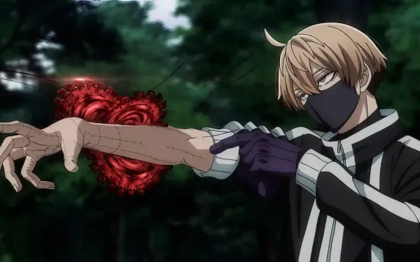 HD anime desktop wallpaper featuring a masked character from Tougen Anki extending his arm with a glowing red heart-shaped energy.