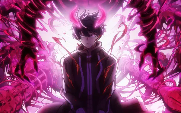 HD PC desktop wallpaper featuring an intense anime boy from Tougen Anki, surrounded by glowing, dark purple and red energy tendrils in a dynamic, vibrant scene.