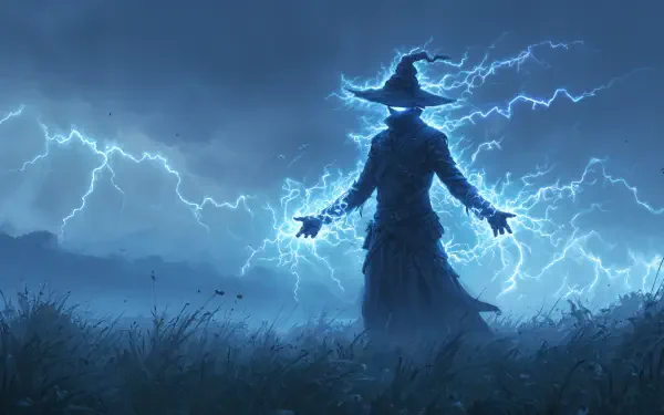 A mage in a wide-brimmed hat casts a powerful lightning spell, illuminating the dark, stormy fantasy landscape in this 4K Ultra HD PC wallpaper.