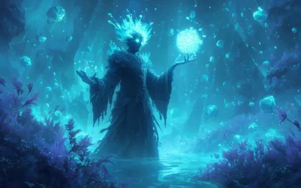 A glowing mage conjures a magical orb in a mystical, blue-hued fantasy forest, captured in stunning 4K Ultra HD detail as a striking PC desktop wallpaper.