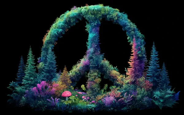 4K Ultra HD desktop wallpaper featuring a vibrant peace symbol made of colorful foliage and surrounded by lush plants against a black background.