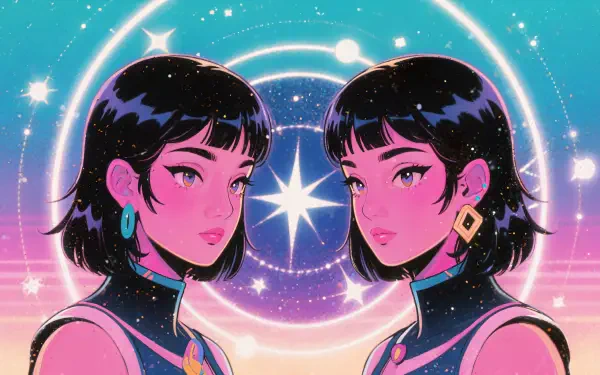 A vibrant 4K Ultra HD Gemini astrology wallpaper featuring two identical women with short black hair against a cosmic background with stars and zodiac symbols.