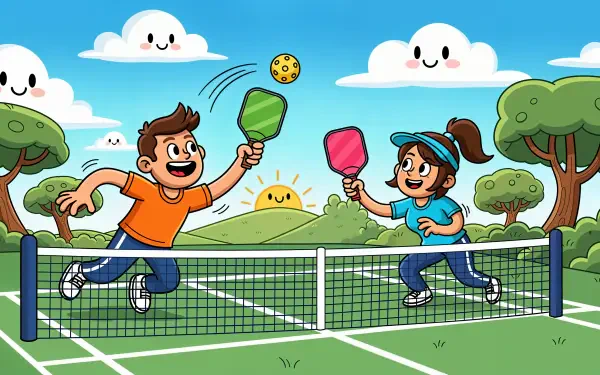 Colorful 4K Ultra HD pickleball wallpaper showing two animated players enthusiastically hitting a ball over a net in a bright, cheerful outdoor setting.