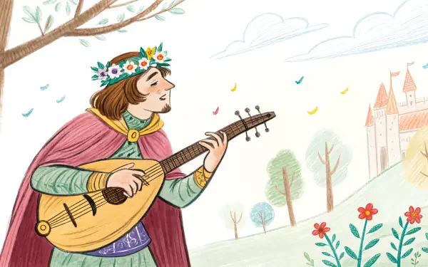 4K Ultra HD PC desktop wallpaper of a bard playing a lute in a colorful, whimsical landscape with flowers, trees, and a distant castle.
