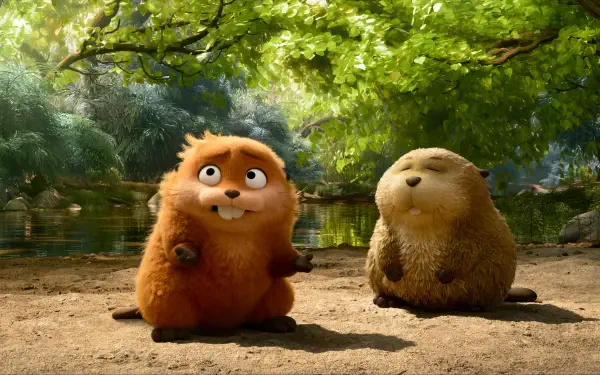 4K Ultra HD movie wallpaper featuring two animated beavers from Hoppers, sitting by a sunlit forest stream with lush green trees in the background.