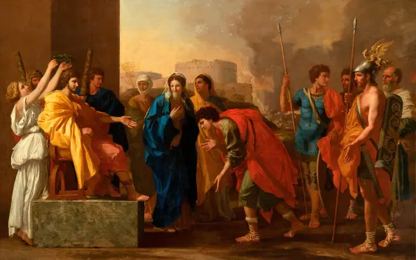 HD oil painting of Scipio from the Roman Empire addressing soldiers, capturing a dramatic historical moment with classical architecture and stormy skies.