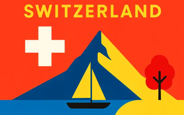 4K Ultra HD desktop wallpaper featuring a stylized Switzerland scene with a blue mountain, a sailboat, a red tree, and the Swiss flag on an orange background.