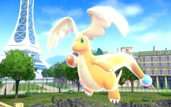 HD PC wallpaper from Pokémon Legends Z-A featuring Mega Dragonite soaring over a city park with the Eiffel Tower in the background.