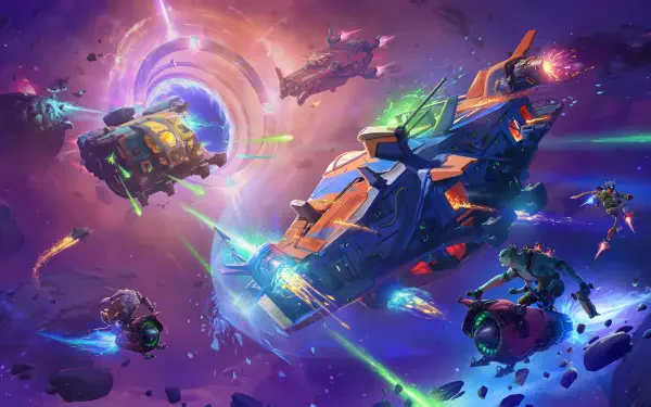 A dynamic 4K Ultra HD PC wallpaper depicting an intense space battle from the video game Wildgate, featuring futuristic ships and vibrant cosmic colors.