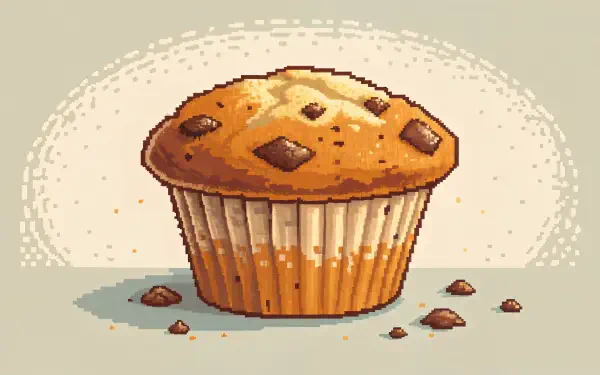 Pixel art of a chocolate chip muffin on a light background, designed as a 4K Ultra HD PC desktop wallpaper and background.