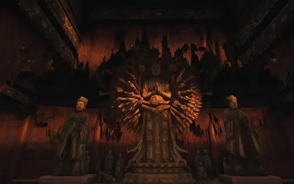 HD PC desktop wallpaper from the video game Wuchang: Fallen Feathers features a dimly lit, intricate Buddha statue with multiple arms surrounded by smaller statues.