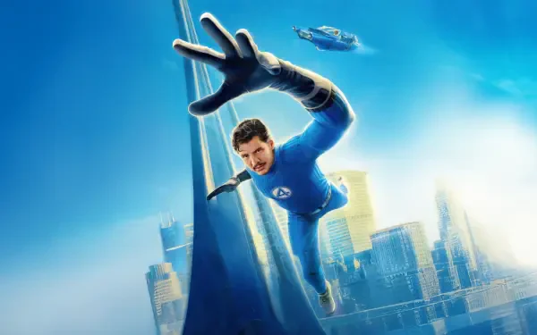 4K Ultra HD desktop wallpaper featuring Pedro Pascal as Mister Fantastic from the movie The Fantastic Four: First Steps, stretching above a futuristic cityscape.