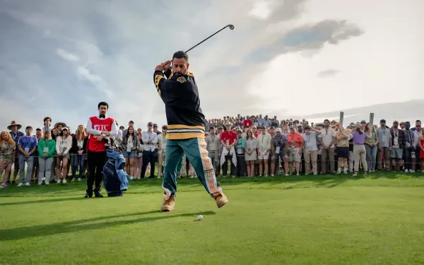 4K Ultra HD wallpaper featuring Bad Bunny mid-swing on a golf green, with a crowd watching, inspired by Happy Gilmore 2 starring Adam Sandler.