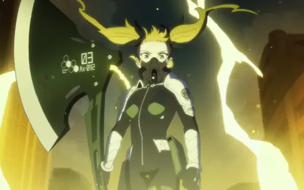 HD anime desktop wallpaper featuring Kikoru Shinomiya from Kaiju No. 8, standing with a large weapon amid glowing yellow energy in an intense urban background.