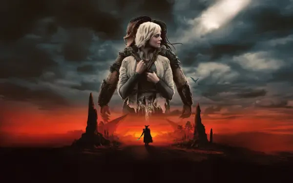 Predator: Badlands 4K Ultra HD PC desktop wallpaper featuring a dramatic desert landscape with a mysterious cloaked figure and two larger characters looming above.