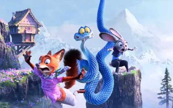 HD PC desktop wallpaper from the movie Zootopia 2 featuring Nick Wilde, Officer Clawhauser, and Judy Hopps in a vibrant mountainous landscape.