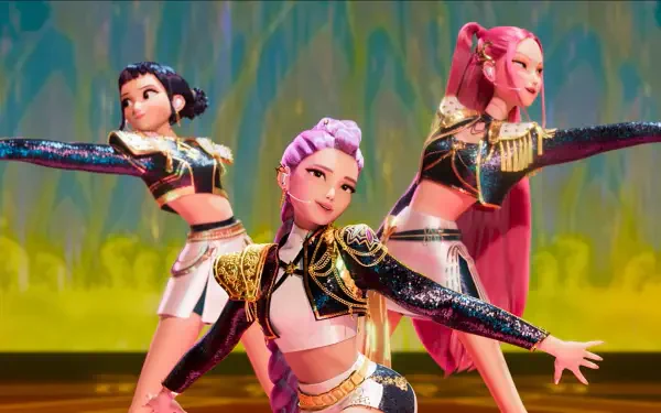 HD PC desktop wallpaper featuring animated characters from the KPop Demon Hunters movie in dynamic, colorful poses.