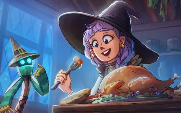 HD PC desktop wallpaper from the video game Magic Inn featuring a cheerful witch enjoying a festive meal with a glowing robot companion.