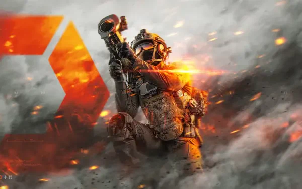 A soldier in full combat gear aiming a weapon amid smoke and fire, featured in a 4K Ultra HD Battlefield 6 PC desktop wallpaper and background.