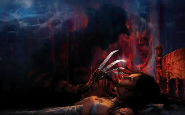 A dark, eerie 4K Ultra HD PC desktop wallpaper featuring Freddy Krueger from A Nightmare on Elm Street, with his iconic glove and a haunting, fiery background.