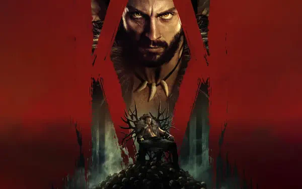 Kraven the Hunter (2024) 4K Ultra HD PC desktop wallpaper featuring a fierce portrait with dark tones and intense red highlights.