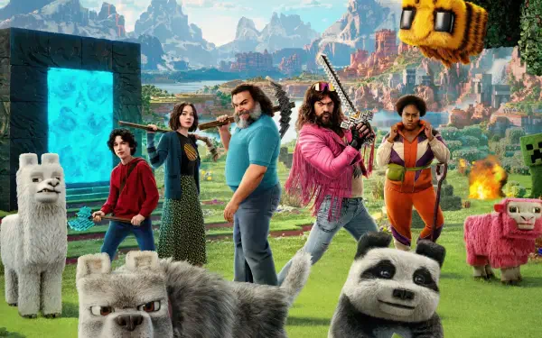 A vibrant 4K Ultra HD Minecraft Movie PC desktop wallpaper featuring live-action characters and animated Minecraft animals in a colorful, blocky landscape.