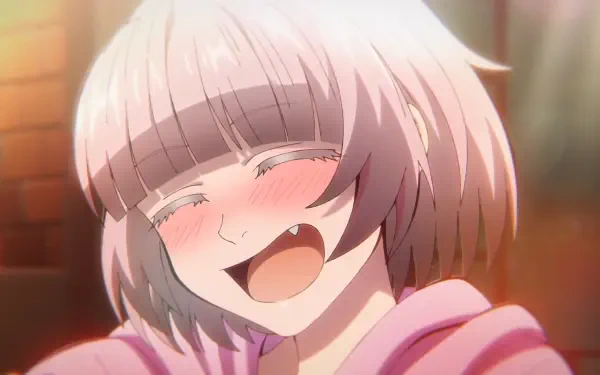 Anime HD PC wallpaper featuring Haru Nanakusa from Call of the Night, smiling joyfully with eyes closed and a soft blush on her cheeks.