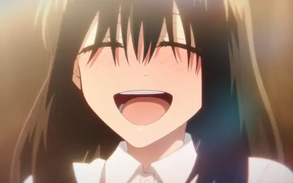 HD anime wallpaper featuring Kabura Honda from Call of the Night, smiling with eyes closed, bathed in warm light.