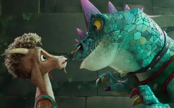 4K Ultra HD PC wallpaper featuring animated characters from the movie Goat (2026), showcasing a close-up encounter between a goat and a reptilian creature.