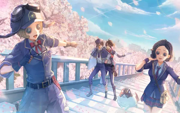 4K Ultra HD PC wallpaper featuring characters from the video game Identity V in a vibrant spring setting with cherry blossoms and blue skies.