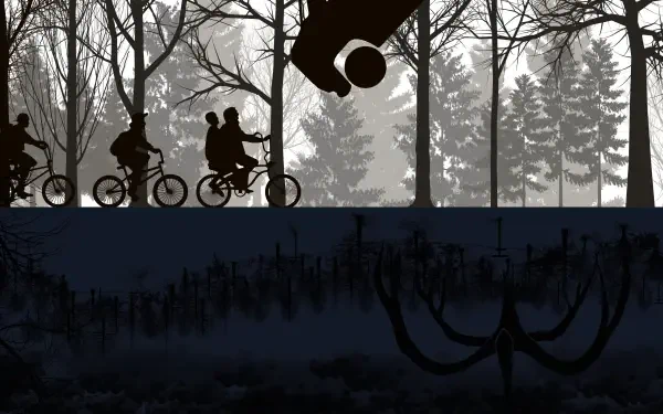 Stranger Things 4K Ultra HD PC desktop wallpaper showing silhouetted kids on bikes in a dark forest above shadowy creatures lurking below.