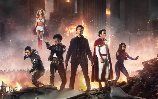 4K Ultra HD desktop wallpaper featuring the main cast of Power (TV Show) standing boldly amid a dramatic, fiery urban backdrop.