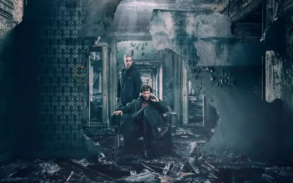 4K Ultra HD PC desktop wallpaper featuring characters from Sherlock (TV series) in a dark, decayed building interior with layered doorways and debris.