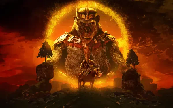 4K Ultra HD Kingdom of the Planet of the Apes wallpaper featuring a fierce ape king with a glowing halo and warrior on horseback framed by rocky pillars under a fiery sky.