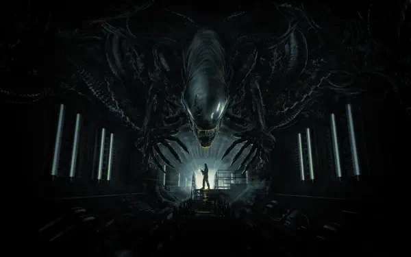 4K Ultra HD Alien: Romulus wallpaper depicting a dark, eerie scene with a massive alien creature looming over a small silhouetted figure in a futuristic industrial setting.