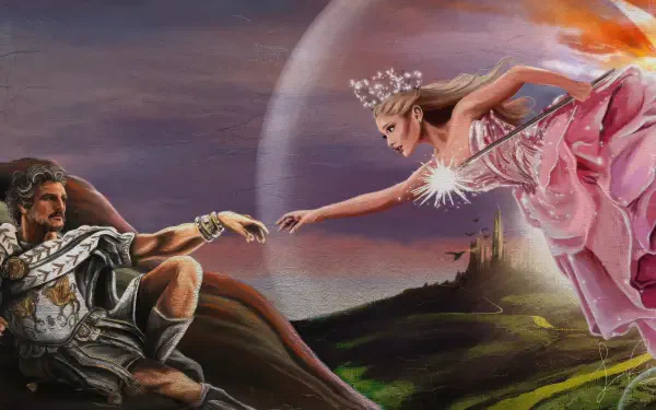 4K Ultra HD PC desktop wallpaper featuring a dramatic, fantasy scene inspired by Wicked, showing a warrior and a fairy-like figure reaching toward each other amidst a mystical landscape.