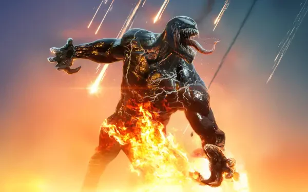 Venom unleashing fiery power amid falling meteors in a dynamic 4K Ultra HD PC desktop wallpaper from Venom: The Last Dance.
