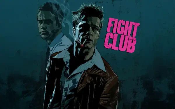 4K Ultra HD Fight Club PC desktop wallpaper featuring a stylized illustration of two men, one smoking, with bold pink Fight Club text on a dark blue background.
