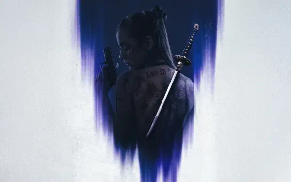 Silhouetted figure holding a gun with a katana on their back, set against a dark, abstract background—Ballerina (2025) 4K Ultra HD PC desktop wallpaper.