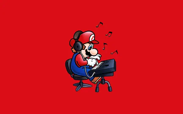Super Mario in Mario Paint style wearing headphones and playing a keyboard with musical notes on a red background — 4K Ultra HD PC wallpaper.