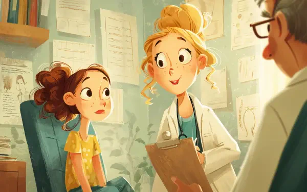 4K Ultra HD PC desktop wallpaper background: cheerful pediatrician doctor with stethoscope smiling at a young patient in a colorful clinic, clipboard in hand.