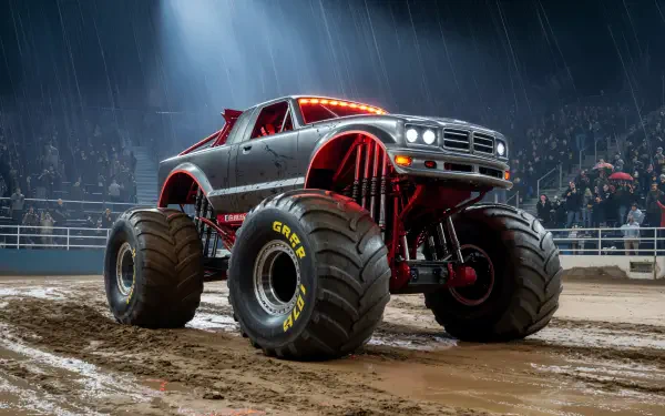 4K Ultra HD PC desktop wallpaper and background: red-and-silver monster truck with giant tires tearing through a muddy arena under dramatic stadium lights.