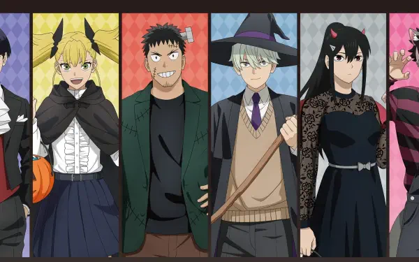 HD PC desktop wallpaper/background of Kaiju No. 8 anime: main characters in colorful vertical panels, dressed in playful costumes and formal wear, posed against patterned backdrops.